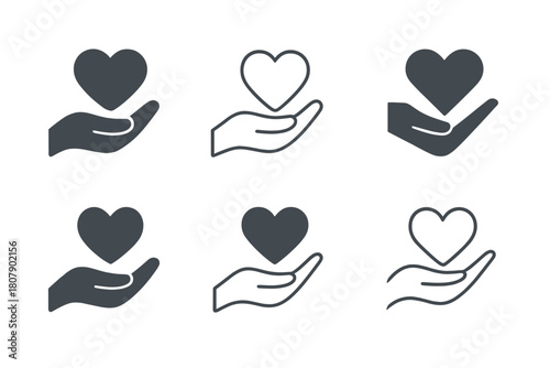 Healthy Aging Icons. Healthy aging. Icon set. Set Logo of healthy aging: heart and leaf. harmonious logo variations of the same emblematic concept, each with