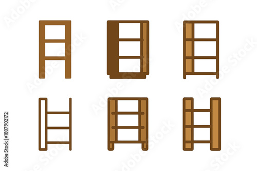 Modern Bookshelf Icons. A modern bookshelf with clean lines and a wood finish. Icon set. Set Logo of A modern bookshelf with clean lines and a wood finish: