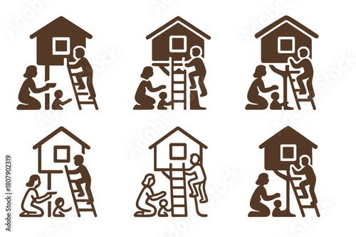 Backyard Play Logos. A Family Building a Treehouse or Playhouse in the Backyard. Icon set. Set Logo of Backyard Play: Treehouse Construction. harmonious logo