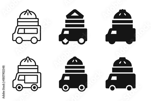 Street Food Logos. Street food and food trucks. Icon set. Set Logo of street food and food trucks: burger on wheels. harmonious logo variations of the same