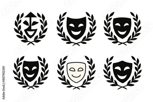 Theater Award Icons. Theater festivals and events. Icon set. Set Logo of performance award: laurel wreath with mask. harmonious logo variations of the same