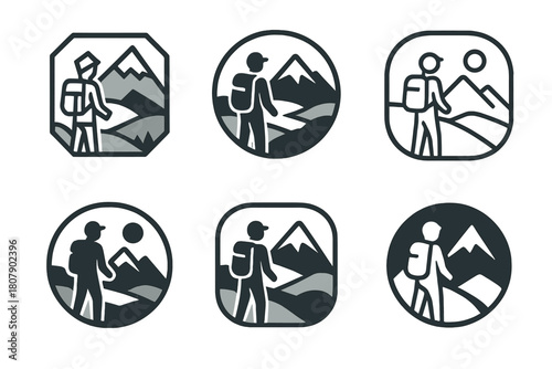 Scenic Logo Variations. Nature walks in unspoiled environments. Icon set. Set Logo of scenic viewpoint: hiker overlooking mountains. harmonious logo variations