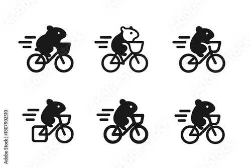 Pet Adventure Logos. Pets in various outdoor adventures. Icon set. Set Logo of Pets in various outdoor adventures: hamster in bicycle basket with wind lines.