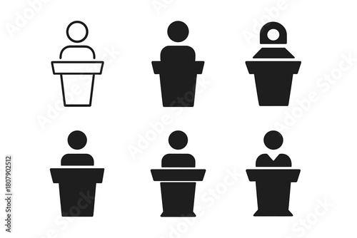 Public Speaking Icons. Public speaking. Line icon set of public speaking: microphone, podium, audience, speech bubble, light bulb, notebook, hand gesture,