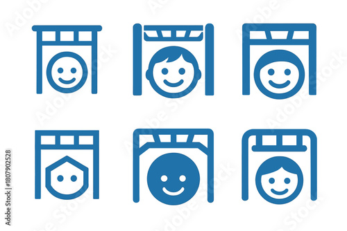 Playground Joy Logos. Monkey bars. Icon set. Set Logo of childhood joy: smiling face under playground bars. harmonious logo variations of the same emblematic