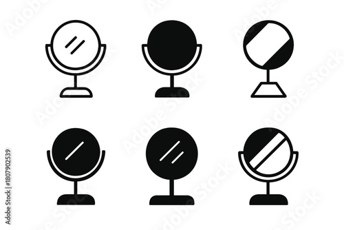 Vanity Mirror Logos. Vanity mirror. Icon set. Set Logo of Vanity mirror: round tabletop mirror. harmonious logo variations of the same emblematic concept, each
