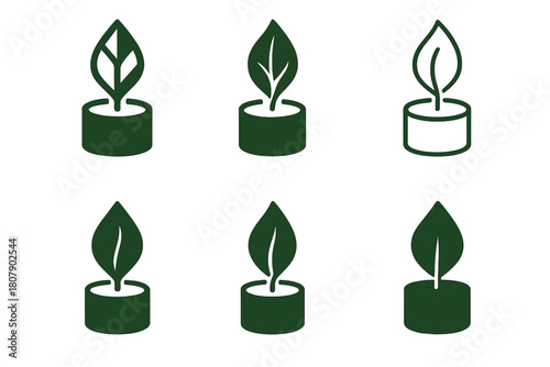 Eco Craft Icons. Handmade candles and soap making. Icon set. Set Logo of eco-friendly craft: leaf forming candle flame. harmonious logo variations of the same