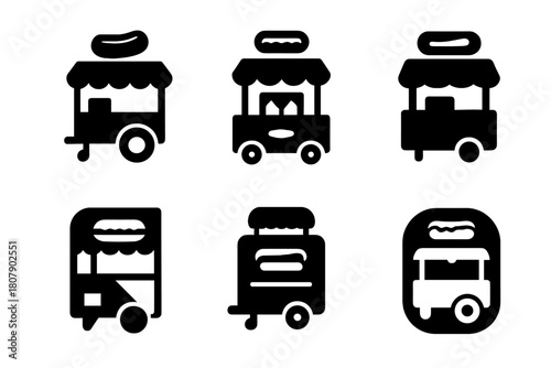 Street Food Icons. Street food and food trucks. Icon set. Set Logo of street food and food trucks: hot dog cart. harmonious logo variations of the same