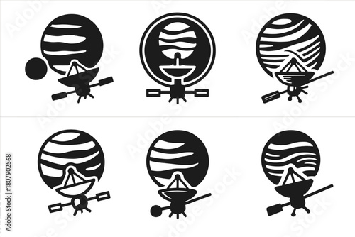 Outer Solar Logos. Human Exploration of the Outer Solar System with Advanced Spacecraft. Icon set. Set Logo of Space Exploration: Planetary Flyby. harmonious