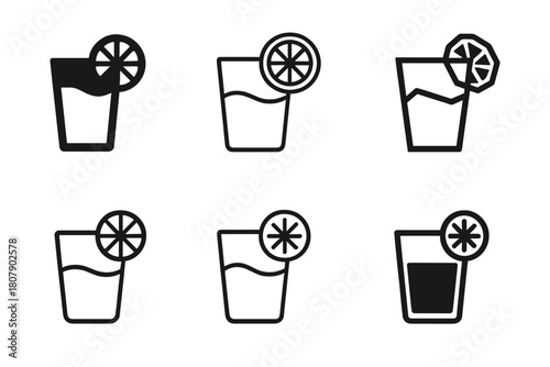 Hydration Drink Logos. Hydration and wellness drinks. Icon set. Set Logo of hydration and wellness drinks: glass with lemon slice. harmonious logo variations