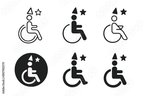 Inclusive Event Icons. Disability-friendly events and gatherings. Icon set. Set Logo of Disability-friendly events: Wheelchair. harmonious logo variations of