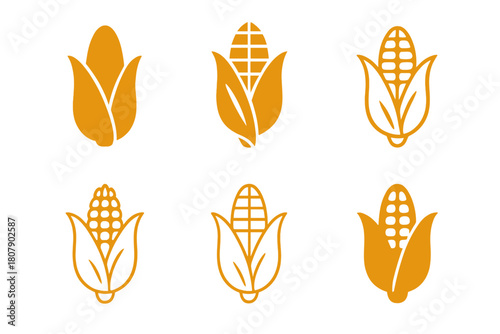 Autumn Harvest Icons. Autumn harvests and organic food production. Icon set. Set Logo of Autumn harvests and organic food production: corn ear with husk.