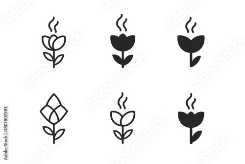 Harmonious Candle & Soap Icons. Handmade candles and soap making. Icon set. Set Logo of natural scent: flower with rising aroma lines. harmonious