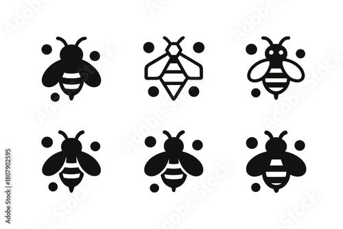 Bee Pollination Logos. The role of bees in pollination. Icon set. Set Logo of pollination: bee and pollen grains. harmonious logo variations of the same
