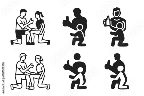 Motivational Trainer Logos. A personal trainer demonstrating a workout move for a client. Icon set. Set Logo of motivation: trainer giving thumbs up.