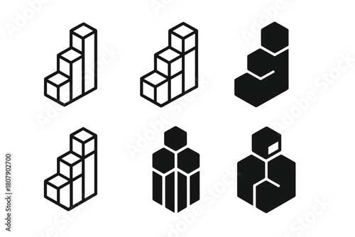 Scalability Logo Variations. A group of entrepreneurs discussing business growth and scalability. Icon set. Set Logo of scalability: stacked cubes expanding