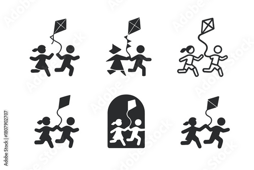 Chasing Kids Logos. Chasing kids in the yard. Icon set. Set Logo of Chasing kids in the yard: flying kite above children. harmonious logo variations of the