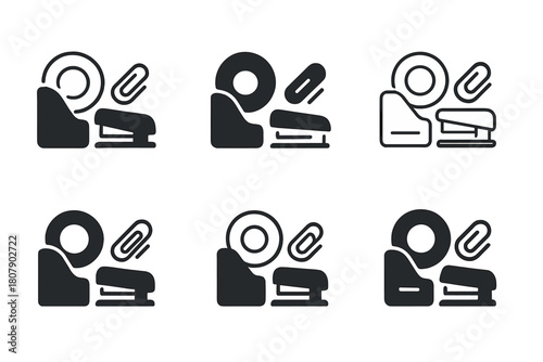 Workspace Icon Variations. Arranging a workspace with office supplies. Icon set. Set Logo of Arranging a workspace with office supplies: tape dispenser,