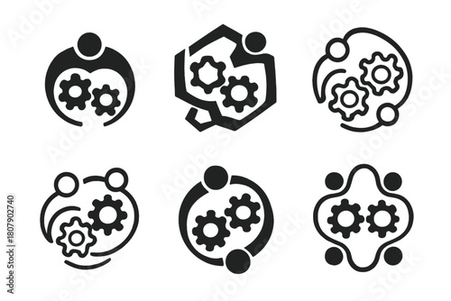 Synchronized Gear Logos. Teamwork in motion. Icon set. Set Logo of coordination: synchronized gears. harmonious logo variations of the same emblematic concept,