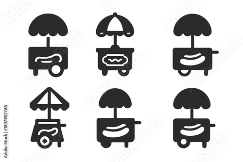 Street Food Icons. Street food and food trucks. Icon set. Set Logo of street food and food trucks: hot dog cart. harmonious logo variations of the same