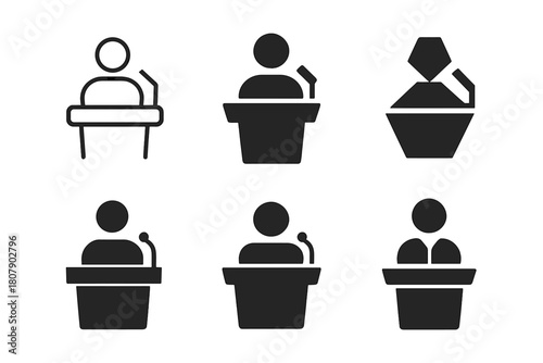 Public Speaking Icons. Public speaking. Line icon set of public speaking: microphone, podium, audience, speech bubble, light bulb, notebook, hand gesture,