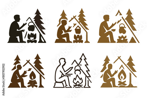Campfire Logo Variations. A person sitting by a campfire in the woods, roasting marshmallows and telling stories. Icon set. Set Logo of A person sitting by a