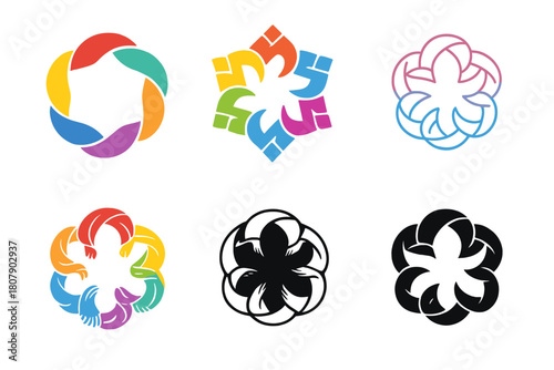 Cultural Fashion Logos. Diversity in fashion. Icon set. Set Logo of diversity in fashion: fabric patterns from multiple cultures intertwined. harmonious logo