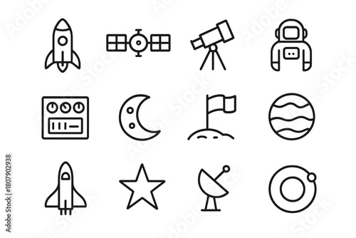 Space Exploration Icons. Space Exploration History. Line icon set of Space Exploration History: rocket, satellite, telescope, astronaut, control panel, moon,