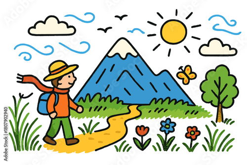 Whimsical Mountain Adventure. mountain view. Colorful Hand-drawn doodle Children illustration mountain view person, tall grass, wind, distant mountain, clouds,