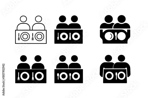 Family Meal Icons. Sharing a family meal. Icon set. Set Logo of sharing a family meal: plate with heart-shaped food. harmonious logo variations of the same