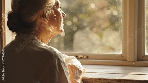 Elderly woman looking out window at bright outdoor scene with soft light