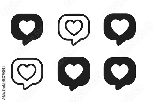 Notification Heart Icons. Emotional weight of notifications. Icon set. Set Logo of emotional weight of notifications: notification bubble morphing into heart.