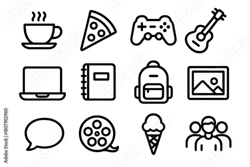 College Friends Icons. College friends hanging out. Line icon set of college friends hanging out: coffee cup, pizza slice, game controller, guitar, laptop,