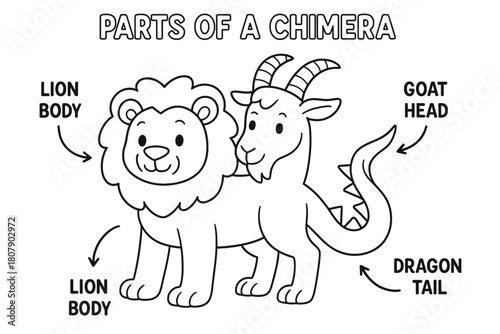 Chimera Coloring Book. Parts of a chimera children?s coloring book illustration, outlined drawing, three labeled sections showing lion body, goat head, and
