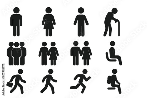 Solid Human Figures. Human Figures. Solid icon set of Human Figures: man, woman, child, elderly person, group of people, couple, family, person with briefcase,