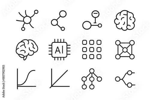 Neural Network Icons. Neural networks. Line icon set of neural networks: neuron, connection line, weight, bias, brain, AI chip, matrix, node layers, activation
