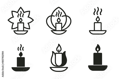 Sleep-relaxation Icon Set. Sleep-induced relaxation. Icon set. Set Logo of Sleep-induced relaxation: candle and soothing aroma. harmonious logo variations of