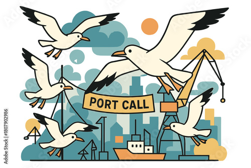 Seagulls at City Harbor. Seagulls ? City harbor landing. Birds hover over cranes and ships; bold white wings contrast with geometric skylines. ?PORT CALL?