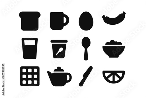 Morning Meal Icons. Morning meal. Solid icon set of morning meal: toast, coffee mug, egg, sausage, juice glass, yogurt cup, spoon, cereal bowl, waffle, teapot,