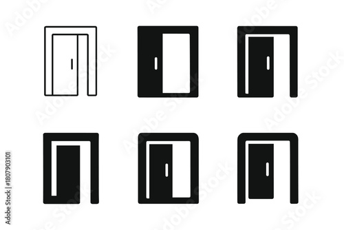 Sliding Door Icons. Sliding doors. Icon set. Set Logo of sliding doors: pocket door disappearing into wall cavity. harmonious logo variations of the same