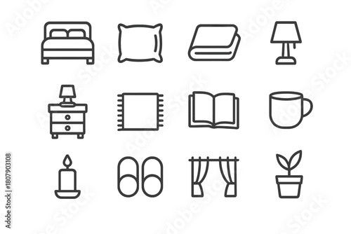 Bedroom Comfort Icons. Bedroom Comfort. Line icon set of Bedroom Comfort: bed, pillow, blanket, lamp, nightstand, rug, book, cup, candle, slippers, curtain,