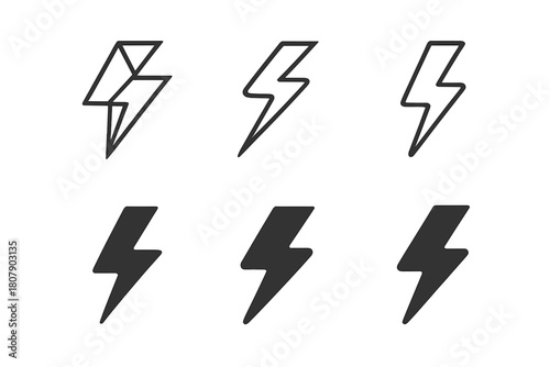 Lightning Icon Variations. Lightning strike. Icon set. Set Logo of lightning strike: power and energy symbol. harmonious logo variations of the same emblematic