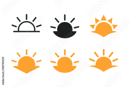 Sunrise Logo Variations. Bright light in dark. Icon set. Set Logo of bright light in dark: sunrise over horizon. harmonious logo variations of the same