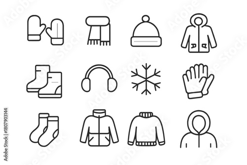Winter Clothing Icons. Winter clothing. Line icon set of winter clothing: mittens, scarf, hat, coat, boots, earmuffs, snowflake, gloves, socks, jacket,