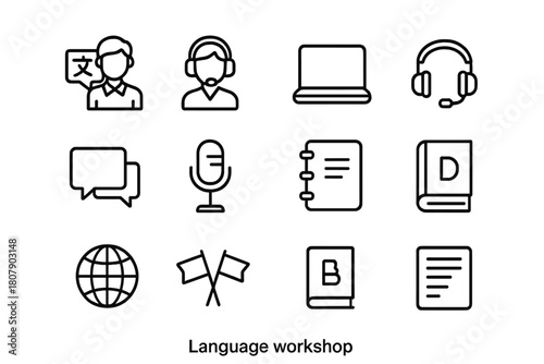 Language Workshop Icons. Language workshop. Line icon set of Language workshop: translator, interpreter, laptop, headphones, microphone, speech bubble,