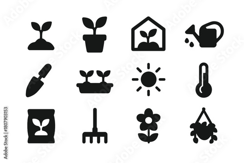 Plant Growth Icons. Plant Growth. Solid icon set of Plant Growth: seedling, potted plant, greenhouse, watering can, garden trowel, plant tray, sun,