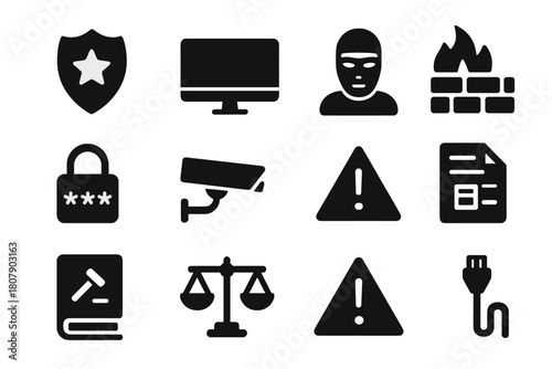 Cybercrime Prevention Icons. Cybercrime prevention. Solid icon set of Cybercrime prevention: police shield, computer screen, hacker mask, firewall, password