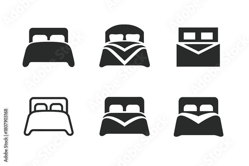 Elegant Bedding Iconography. Transforming a bedroom with new linens. Icon set. Set Logo of transforming a bedroom with new linens: elegant bedding set.