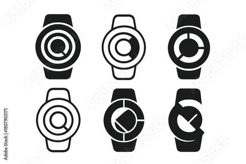 Fitness Tracker Logos. A close-up of a fitness tracker or smartwatch showing workout stats. Icon set. Set Logo of fitness tracker: smart wristband with