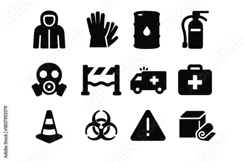 Industrial Safety Icons. Industrial Accident. Solid icon set of Industrial Accident: chemical barrel, hazmat suit, fire extinguisher, gas mask, warning sign,